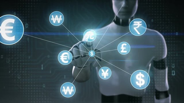 Robot, cyborg touching World currency symbol, Numerous dots gather to create a currency sign, dots makes global world map, internet of things. financial technology 2.
