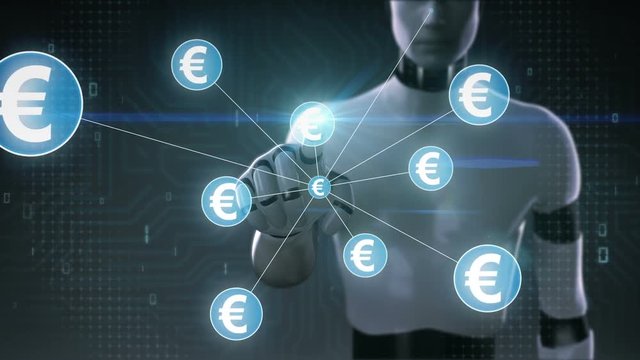 Robot, cyborg touching Euro symbol, Numerous dots gather to create a Euro currency sign, dots makes global world map, internet of things. financial technology 2.