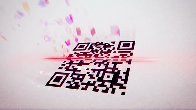 Amusing 3d rendering of a QR code scanner which uses red lazer, analyses a black and white code,  placed askew, and gets pink information in letters, numbers, specific signs, in the white background