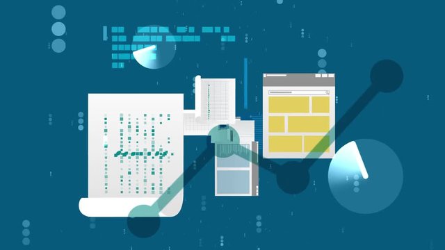 Funny 3d rendering of animated white files and docs turning up and down  with somecharts, graphs, histograms, line schedules, texts, tied with each other in the light blue background