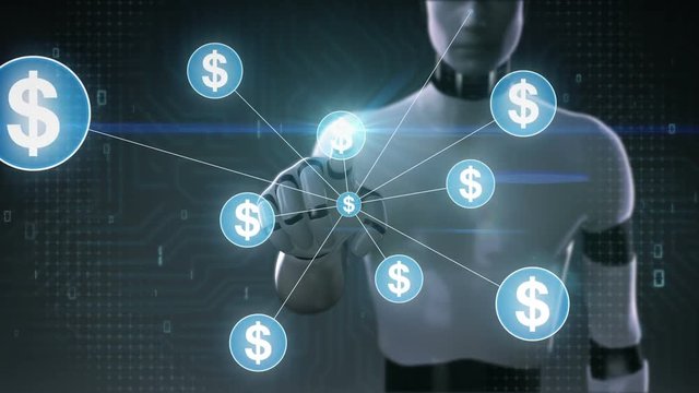 Robot, cyborg touching Dollar symbol, Numerous dots gather to create a Dollar currency sign, dots makes global world map, internet of things. financial technology 2.