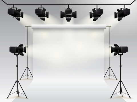 Lighting equipment and professional photography studio white blank background. Studio for photography with light equipment. Vector illustration. Isolated on gray background