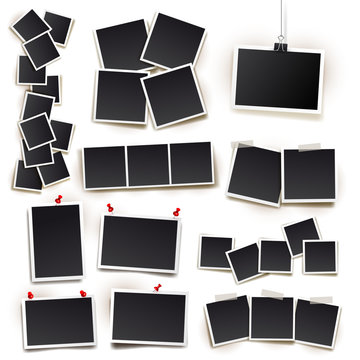 Set of square vector photo frames on sticky tape, pins and rivets. Template photo design. Vector illustration. Isolated on white background