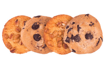 Chocolate and peanut biscuits isolated on white background.