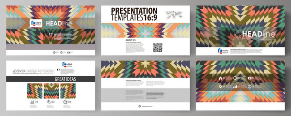 Business templates in HD format for presentation slides. Abstract vector layouts in flat design. Tribal pattern, geometrical ornament, ethno syle, ethnic hipster backdrop, vintage fashion background