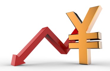 Fototapeta premium Golden Japanese Yen symbol and red downwards growth arrow up, Economic recession concept. Isolated on white background. 3D rendered illustration.