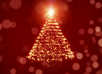 Glowing Christmas Tree Over Red Holiday Background