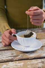 Fototapeta na wymiar Mid section of woman dipping tea bag in cup