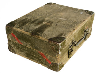 Old plywood toolbox . Belonged to an electrician or a plumber. Dyed green. With an iron handle and metal locks. Isolated on white background.