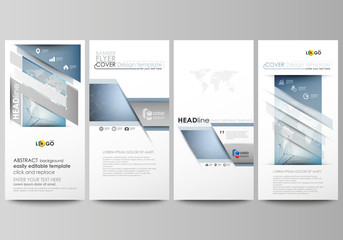 The minimalistic abstract vector illustration of the editable layout of four modern vertical banners, flyers design business templates. Scientific medical DNA research. Science or medical concept.