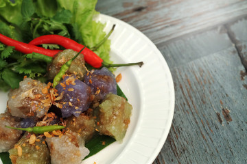 sago pork ball Thailand traditional dessert and appetizer cuisine served with chilly and lettuce