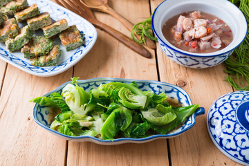 Thai food, Stir fried Cabbage  with Oyster sauce , Acacia Pennata Omelette and Shrimp-paste sauce