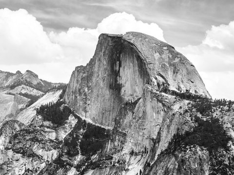 Yosemite National Park and Half Dome, California, USA. Black and white image.