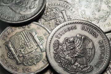 Old historically silver Coins from around the World in the Detail