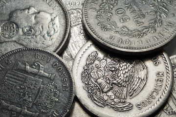 Old historically silver Coins from around the World in the Detail