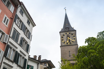 Fototapeta na wymiar Cityscape of old Zurich, Switzerland. Clock tower