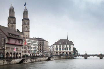 Cityscape of old Zurich with Grossmunster church