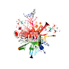 Obraz premium Live music concert colorful banner with instruments. Live music concert words with saxophone, trumpet, violoncello, guitar, euphonium and double bell euphonium isolated vector illustration