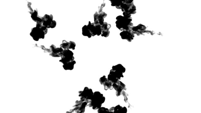 Overhead shot of black ink flows form star, ink inject or blow smoke on white in slow motion. Black paint spread in water for Inky or smoky background or ink effects. Luma matte like alpha mask is on