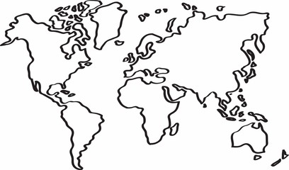Freehand world map sketch on white background.