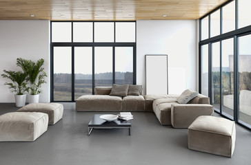 Modern bright living room, white wall. 3D rendering