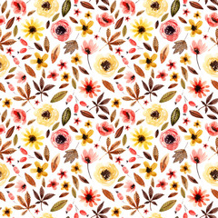 Watercolor floral elements seamless pattern on white background.