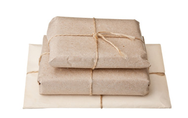 pile parcel wrapped with brown kraft paper