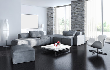 Modern bright living room, white wall. 3D rendering