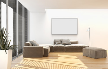 Modern bright living room, white wall. 3D rendering