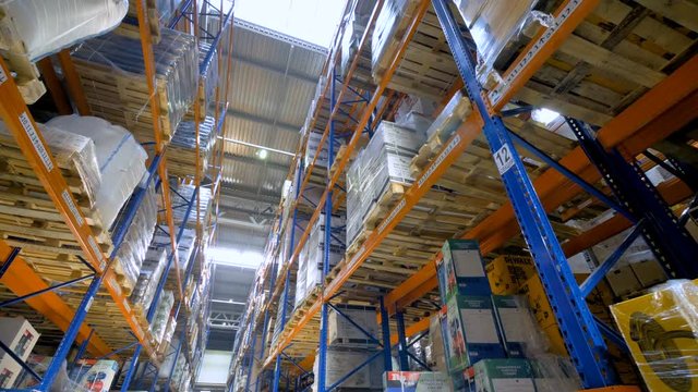 Warehouse. Racks and shelves in a warehouse. 4K.