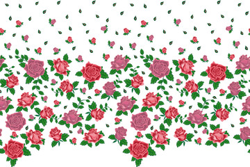 Seamless border pattern of pink and red roses and buds