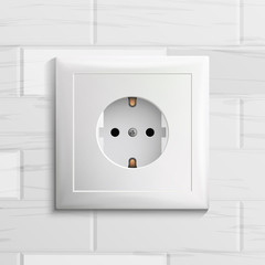 Electric Socket Vector. Plastic Standard Panel. Brick Wall. Realistic Illustration