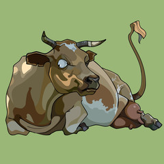 cartoon funny cow lies and looks aside