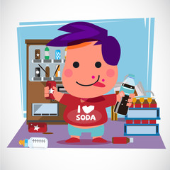 boy with soda can and bottle in his room. decorate with soda. vending machine. character desing. soda lover conept - vector illustration