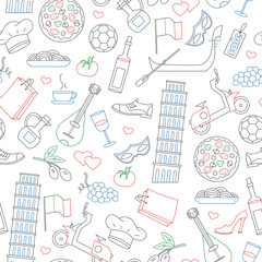 Seamless pattern on the theme of journey in the country of Italy, simple contour icons on white background drawn with colored markers