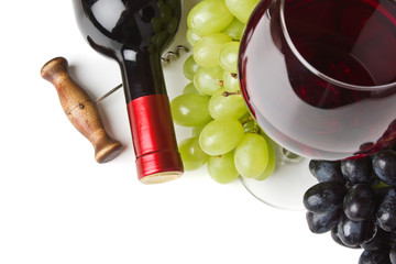 bottle of wine and grapes isolated