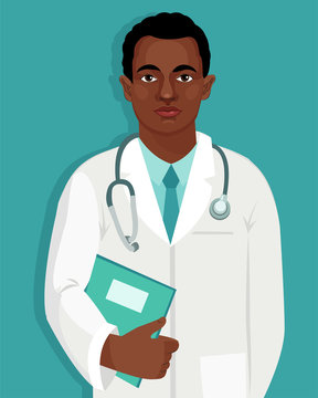 Traditional Jobs. African American Young Doctor With Stethoscope Isolated Vector. Man Profession Characters. Doctor Holding Folder With Medical Information.