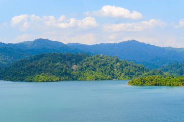 Beautiful mountains lake river sky and natural attractions in Ratchaprapha Dam at Khao Sok National Park, Surat Thani Province, Thailand