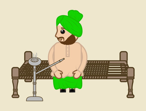 Cartoon Desi Man Smoking Hukka