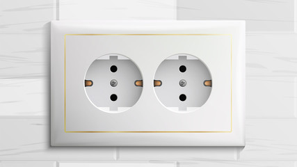 Double Grounded Socket Vector. Switch. Brick Wall. Realistic Illustration