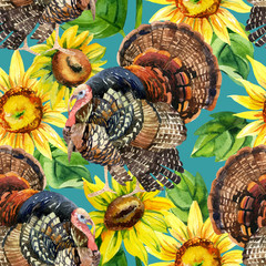 Watercolor turkey with sunflowers seamless pattern
