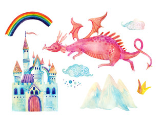 Watercolor fairy tale collection with cute dragon, rainbow, magic castle, little princess crown, mountains and fairy clouds © Tanya Syrytsyna