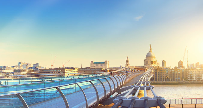 Panoramic image of Millenium bridge and St. Paul's cathedral in London