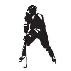 Fototapeta premium Ice hockey player skating with puck, abstract vector silhouette. Front view