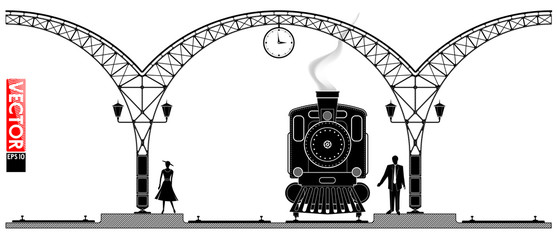 An ancient arched metal building of the railway station. People and steam locomotiv on the platform. Black profile