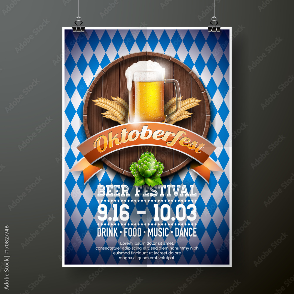 Wall mural Oktoberfest poster vector illustration with fresh lager beer on blue white flag background. Celebration flyer template for traditional German beer festival.