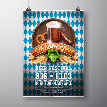 Oktoberfest poster vector illustration with fresh dark beer on blue white flag background. Celebration flyer template for traditional German beer festival.