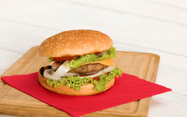 home made hamburger on wooden table