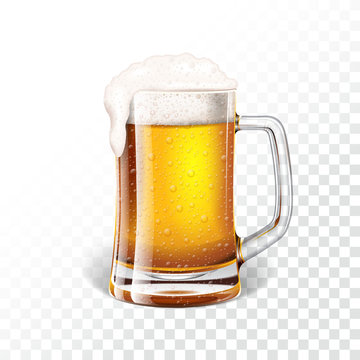 Naklejka Vector illustration with fresh lager beer in a beer mug on transparent background.