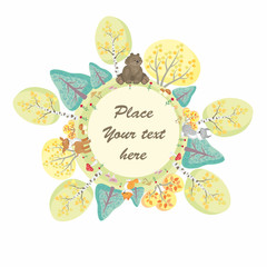 The autumn woods and cute animals in cartoon style. Vector decorative frame.